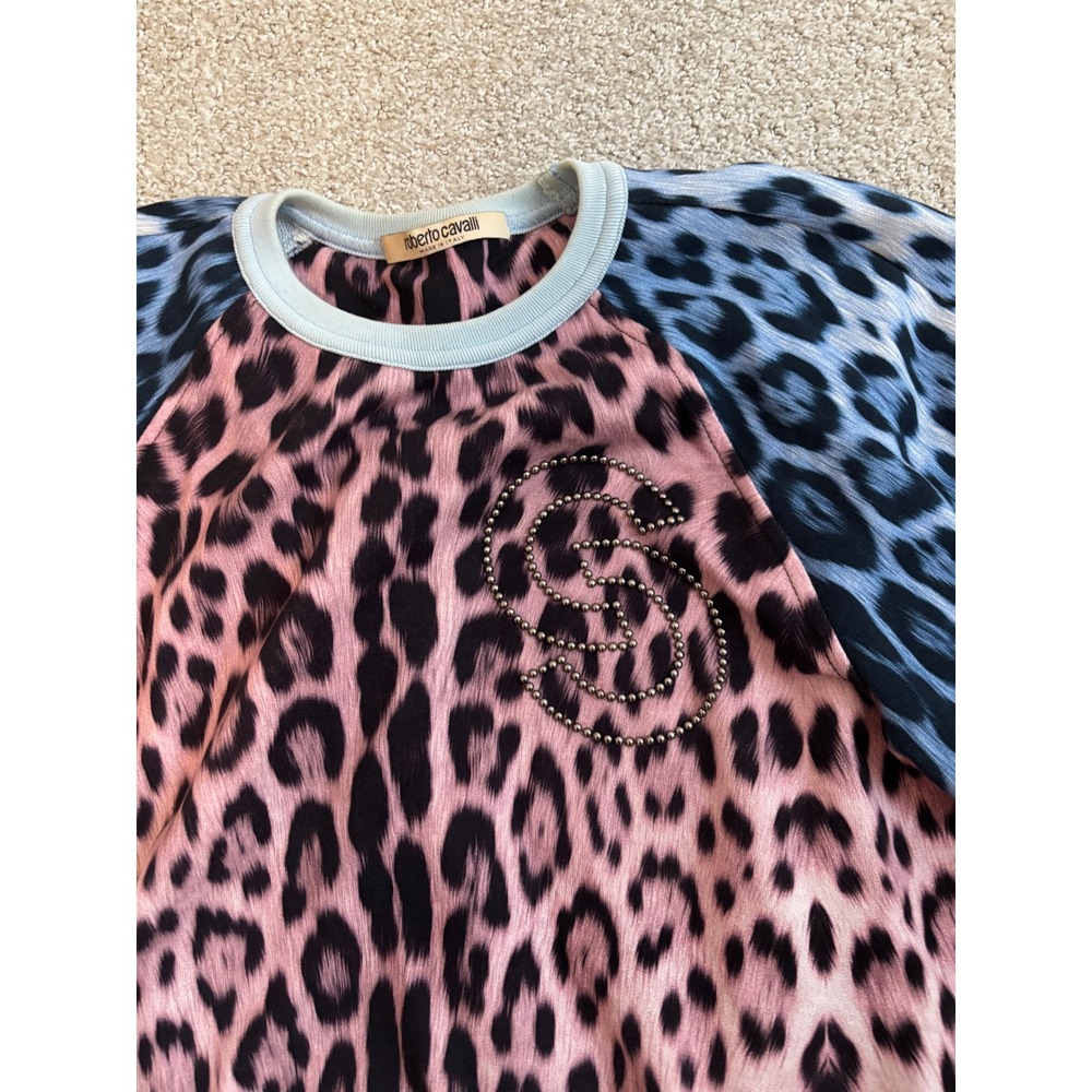 Roberto Cavalli Leopard Print Sweatshirt Girls L Pink Blue Studded Logo Italy